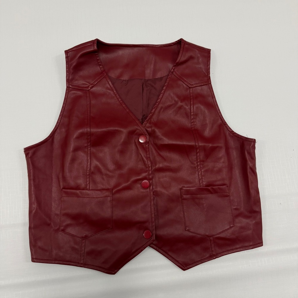 Burgundy Red Faux Leather Vest Button Front V-Neck Waistcoat with Pockets Large